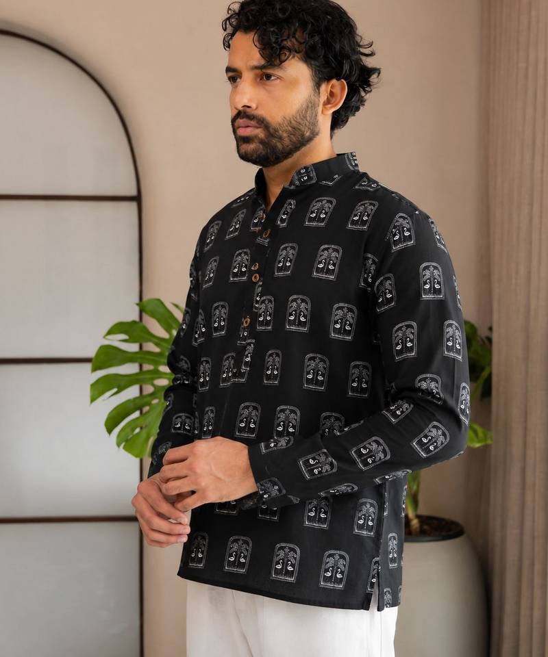 Black color smart and ethnic swiss linen fabric fetive printed short kurta for men's trendy looks