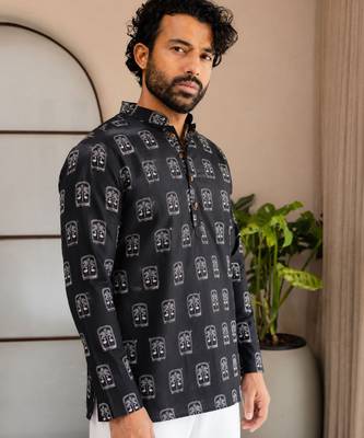 Black color smart and ethnic swiss linen fabric fetive printed short kurta for men's trendy looks 4