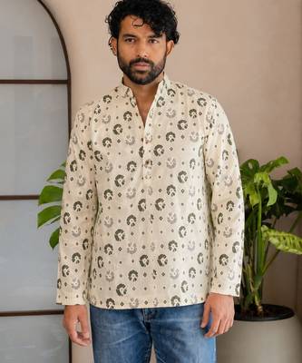 Off white color smart and ethnic swiss linen fabric fetive printed short kurta for men's trendy looks 1