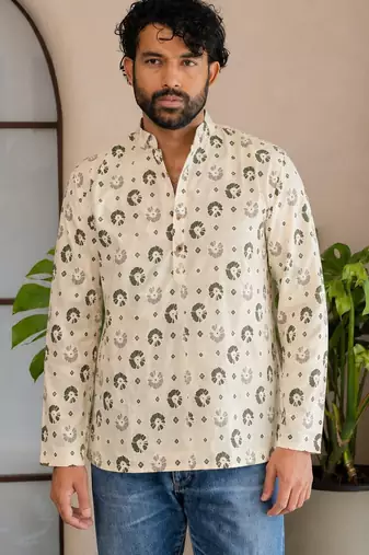 Off white color smart and ethnic swiss linen fabric fetive printed short kurta for men's trendy looks