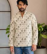 Off white color smart and ethnic swiss linen fabric fetive printed short kurta for men's trendy looks