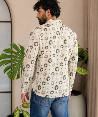 Off white color smart and ethnic swiss linen fabric fetive printed short kurta for men's trendy looks 2