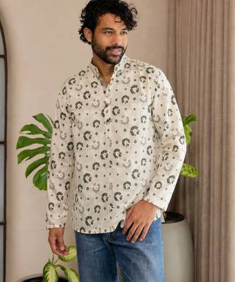 Off white color smart and ethnic swiss linen fabric fetive printed short kurta for men's trendy looks 3