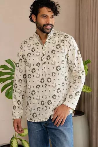 Off white color smart and ethnic swiss linen fabric fetive printed short kurta for men's trendy looks
