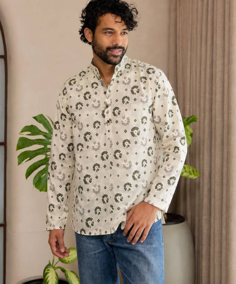 Off white color smart and ethnic swiss linen fabric fetive printed short kurta for men's trendy looks