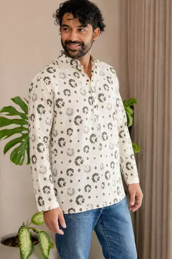 Off white color smart and ethnic swiss linen fabric fetive printed short kurta for men's trendy looks