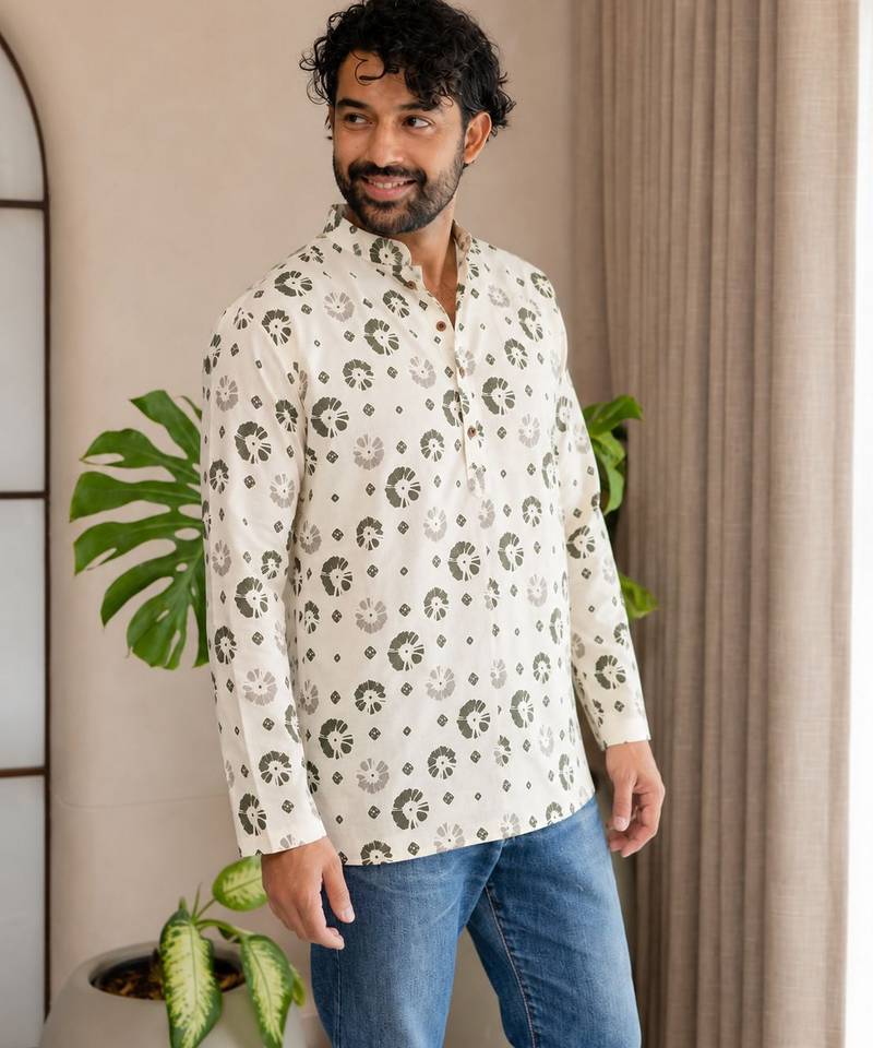 Off white color smart and ethnic swiss linen fabric fetive printed short kurta for men's trendy looks