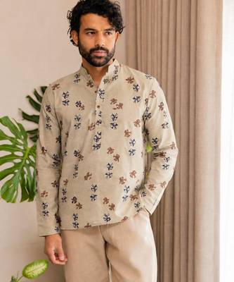 Grey color smart and ethnic swiss linen fabric fetive printed short kurta for men's trendy looks 1
