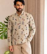 Grey color smart and ethnic swiss linen fabric fetive printed short kurta for men's trendy looks