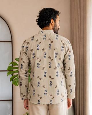 Grey color smart and ethnic swiss linen fabric fetive printed short kurta for men's trendy looks 2