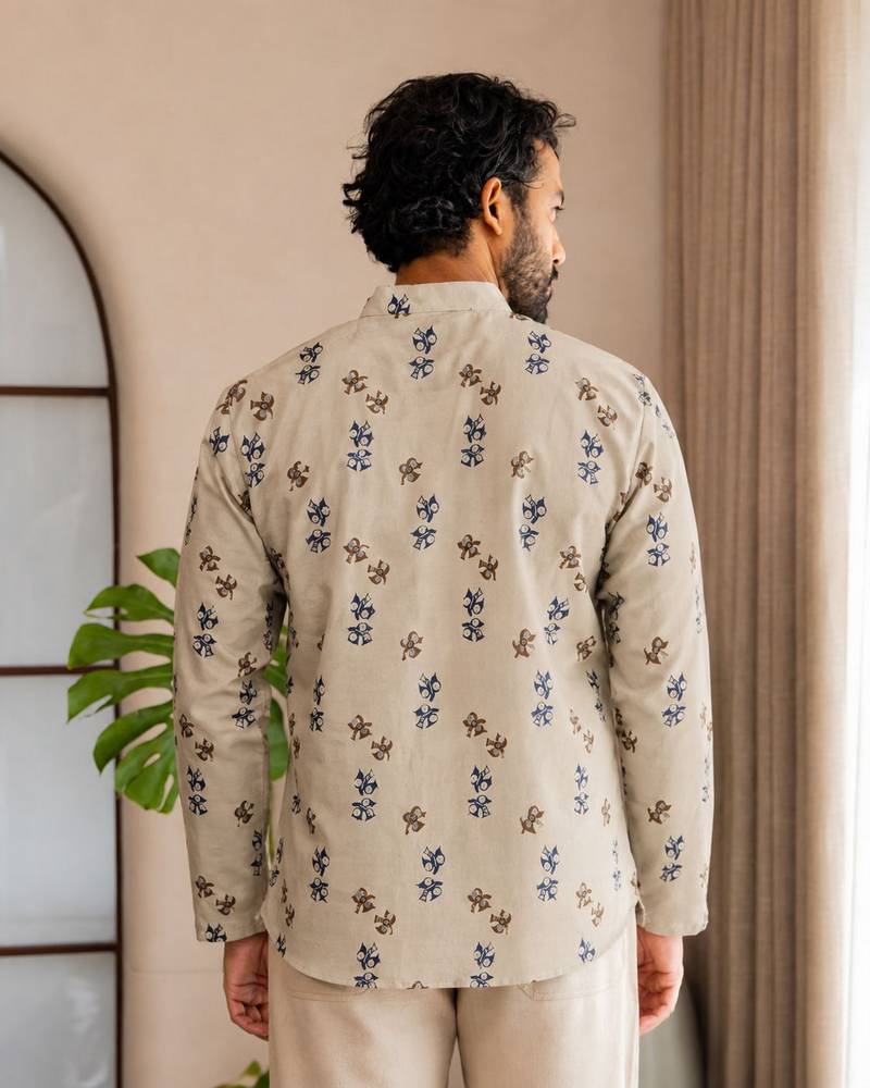 Grey color smart and ethnic swiss linen fabric fetive printed short kurta for men's trendy looks