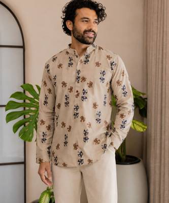 Grey color smart and ethnic swiss linen fabric fetive printed short kurta for men's trendy looks 3