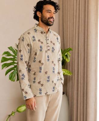 Grey color smart and ethnic swiss linen fabric fetive printed short kurta for men's trendy looks 4