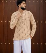 Peach color smart and ethnic swiss linen fabric fetive printed short kurta for men's trendy looks