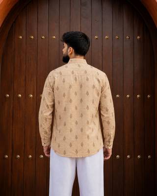 Peach color smart and ethnic swiss linen fabric fetive printed short kurta for men's trendy looks 2