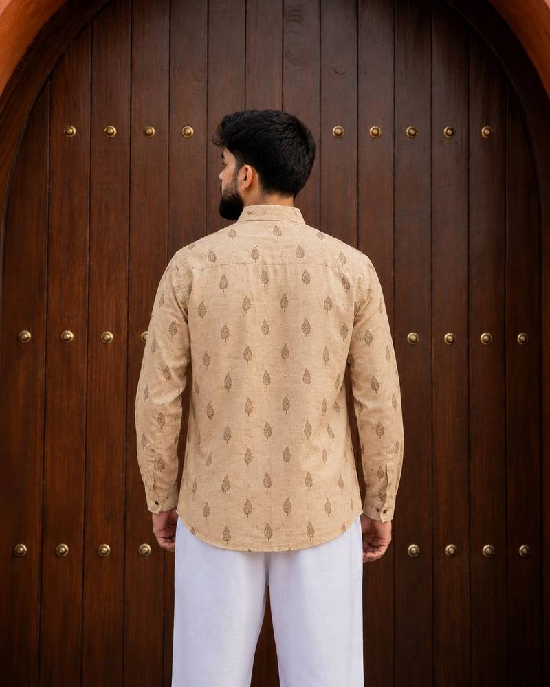 Peach color smart and ethnic swiss linen fabric fetive printed short kurta for men's trendy looks