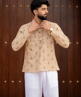 Peach color smart and ethnic swiss linen fabric fetive printed short kurta for men's trendy looks 3