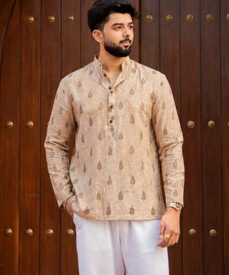 Peach color smart and ethnic swiss linen fabric fetive printed short kurta for men's trendy looks 4