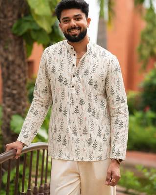 Off white color smart and ethnic swiss linen fabric fetive printed short kurta for men's trendy looks 1