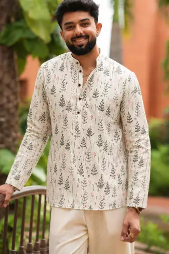Off white color smart and ethnic swiss linen fabric fetive printed short kurta for men's trendy looks