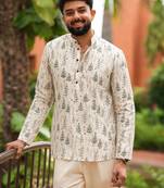 Off white color smart and ethnic swiss linen fabric fetive printed short kurta for men's trendy looks