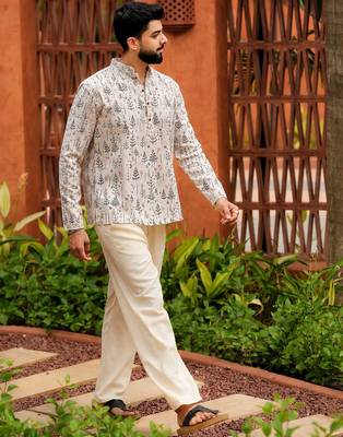 Off white color smart and ethnic swiss linen fabric fetive printed short kurta for men's trendy looks 2