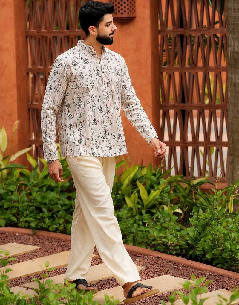 Off white color smart and ethnic swiss linen fabric fetive printed short kurta for men's trendy looks