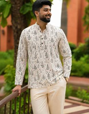 Off white color smart and ethnic swiss linen fabric fetive printed short kurta for men's trendy looks 3