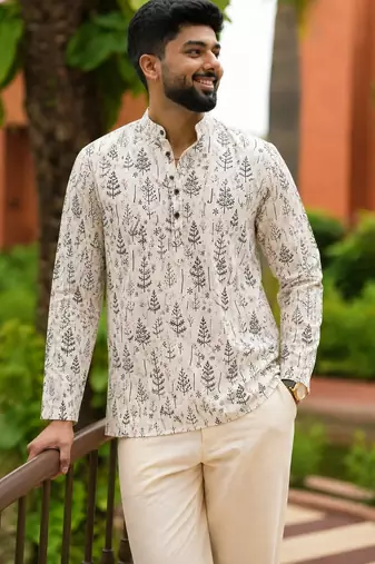 Off white color smart and ethnic swiss linen fabric fetive printed short kurta for men's trendy looks