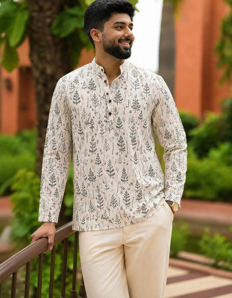 Off white color smart and ethnic swiss linen fabric fetive printed short kurta for men's trendy looks