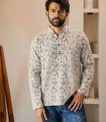 Off white color smart and ethnic swiss linen fabric fetive printed short kurta for men's trendy looks