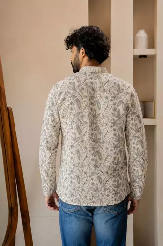 Off white color smart and ethnic swiss linen fabric fetive printed short kurta for men's trendy looks