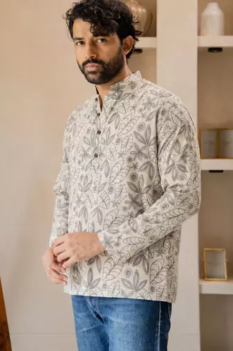Off white color smart and ethnic swiss linen fabric fetive printed short kurta for men's trendy looks