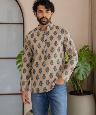 Grey color smart and ethnic swiss linen fabric fetive printed short kurta for men's trendy looks 1