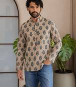Grey color smart and ethnic swiss linen fabric fetive printed short kurta for men's trendy looks