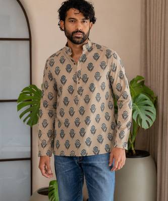 Grey color smart and ethnic swiss linen fabric fetive printed short kurta for men's trendy looks 2