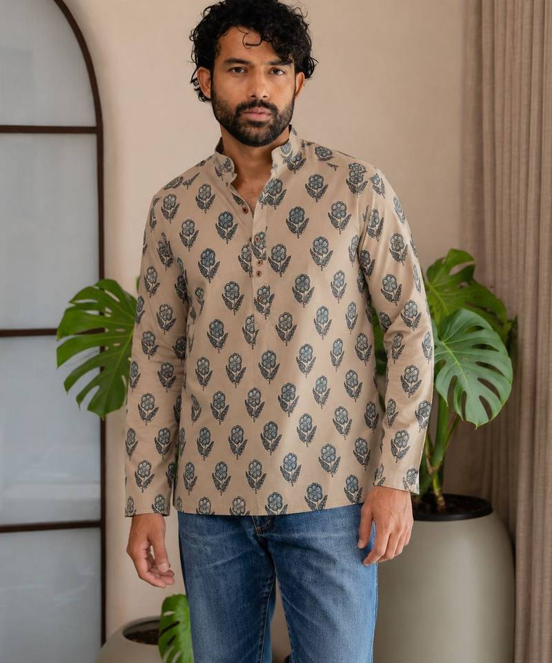Grey color smart and ethnic swiss linen fabric fetive printed short kurta for men's trendy looks