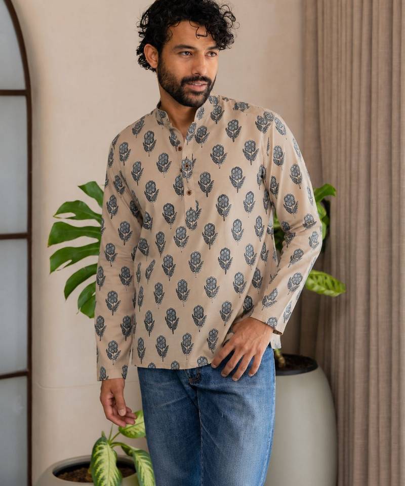 Grey color smart and ethnic swiss linen fabric fetive printed short kurta for men's trendy looks