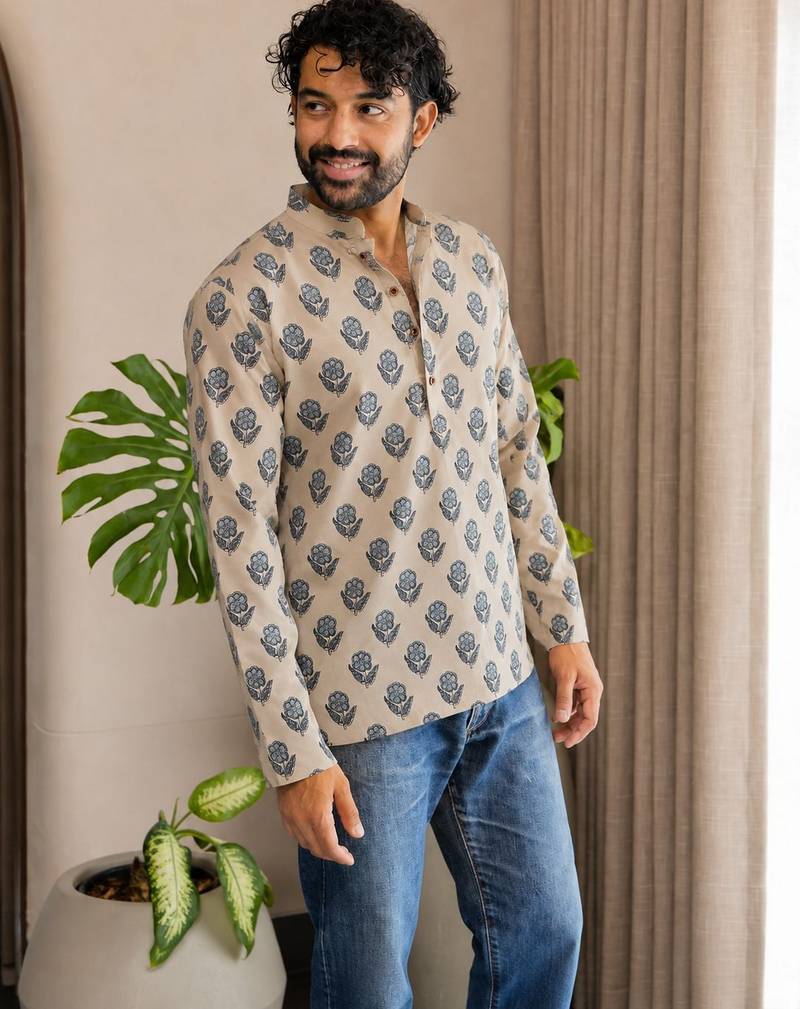 Grey color smart and ethnic swiss linen fabric fetive printed short kurta for men's trendy looks