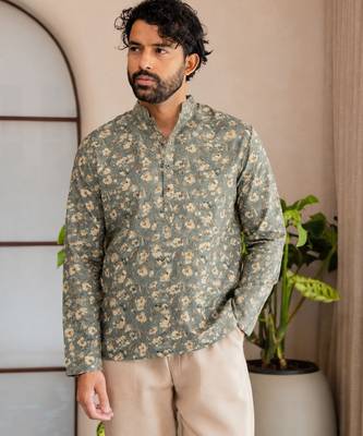 Green color smart and ethnic swiss linen fabric fetive printed short kurta for men's trendy looks 1