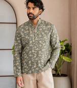 Green color smart and ethnic swiss linen fabric fetive printed short kurta for men's trendy looks