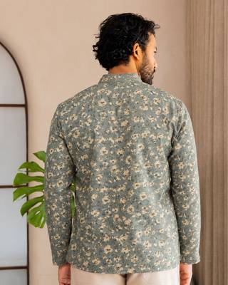 Green color smart and ethnic swiss linen fabric fetive printed short kurta for men's trendy looks 2