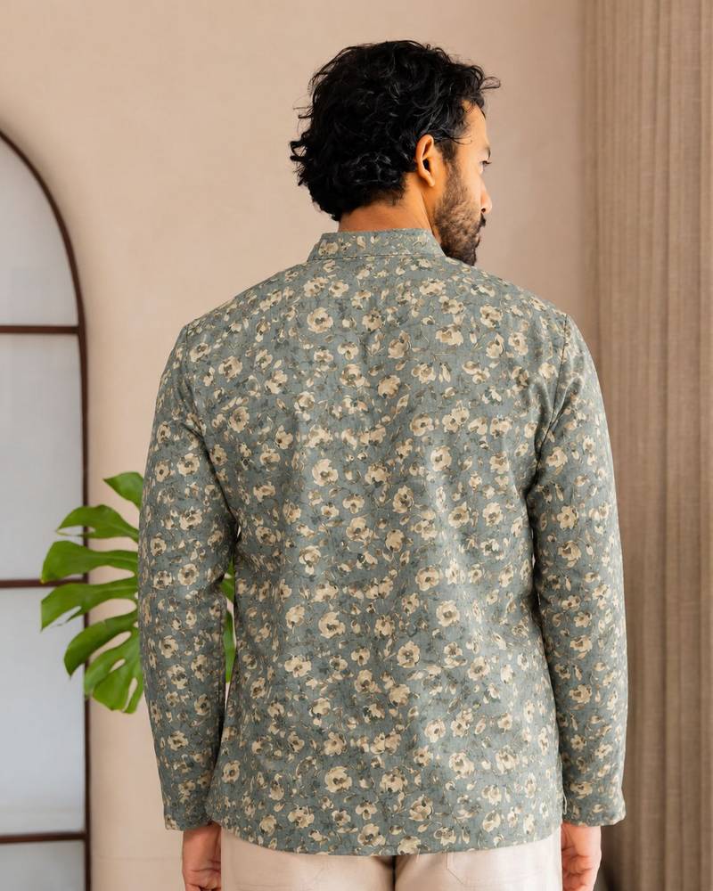 Green color smart and ethnic swiss linen fabric fetive printed short kurta for men's trendy looks