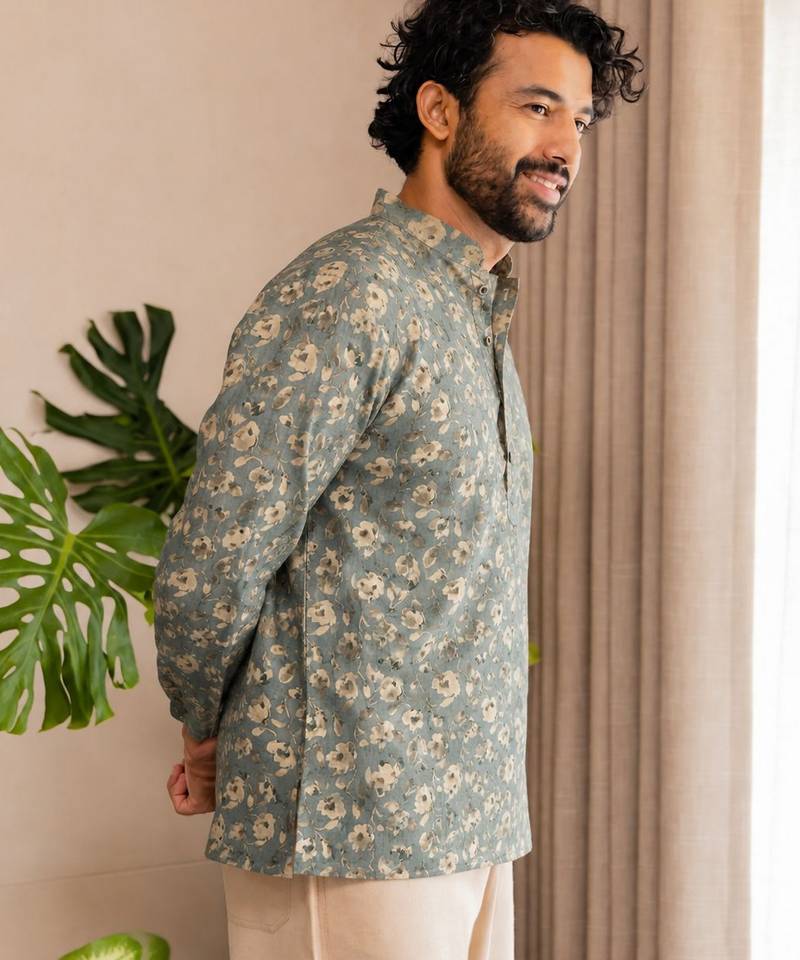Green color smart and ethnic swiss linen fabric fetive printed short kurta for men's trendy looks