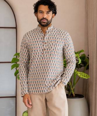 Off white color smart and ethnic swiss linen fabric fetive printed short kurta for men's trendy looks 1