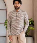 Off white color smart and ethnic swiss linen fabric fetive printed short kurta for men's trendy looks