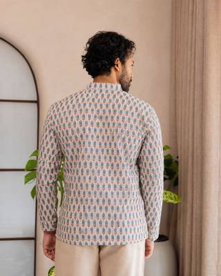 Off white color smart and ethnic swiss linen fabric fetive printed short kurta for men's trendy looks 2