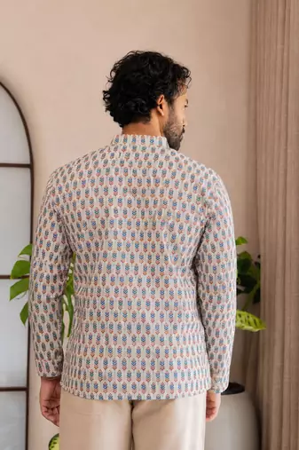 Off white color smart and ethnic swiss linen fabric fetive printed short kurta for men's trendy looks