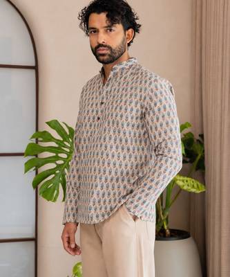 Off white color smart and ethnic swiss linen fabric fetive printed short kurta for men's trendy looks 3