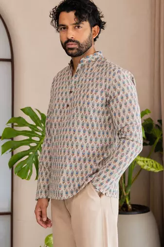 Off white color smart and ethnic swiss linen fabric fetive printed short kurta for men's trendy looks